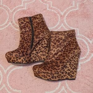 Material Girl Leopard Print Wedge Ankle Boots - Brown and Black Size 39
